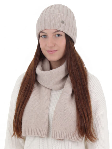 Czapka i szalik damski zimowy komplet, beżowy, wełna merino z kaszmirem, Zolira