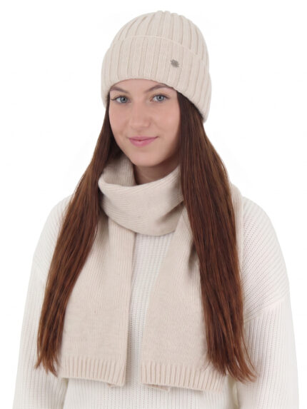 Czapka i szalik damski zimowy komplet, jasnobeżowy, wełna merino z kaszmirem, Zolira