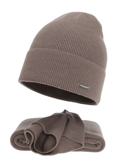 Czapka i szalik damski zimowy komplet, beżowy, 100% wełniany merino Melpomena