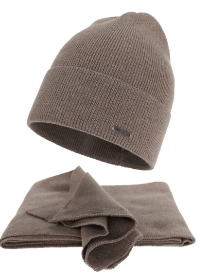 Czapka i szalik damski zimowy komplet, ciemnobeżowy, 100% wełniany merino Melpomena