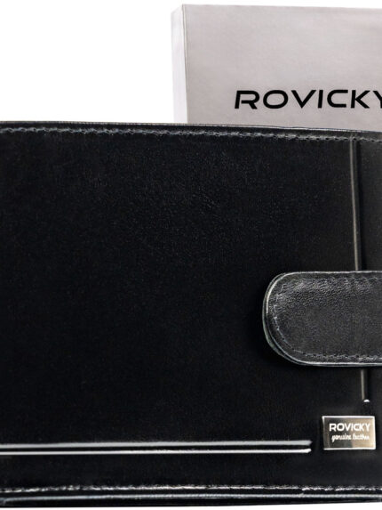 Portfel męski ze skóry naturalnej w czarnym kolorze zamykany zatrzaskiem - Rovicky