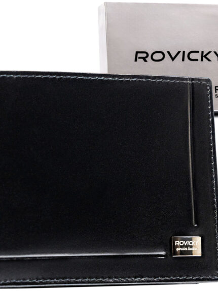 Portfel męski ze skóry naturalnej w czarnym kolorze bez zapięcia zewnętrznego - Rovicky
