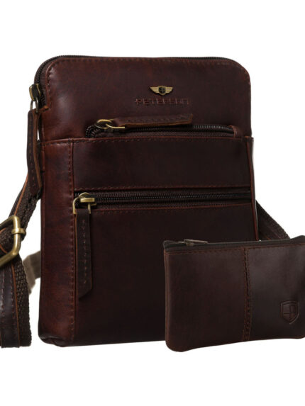 Elegancka, brązowa listonoszka męska ze skóry naturalnej z etui w zestawie - Peterson