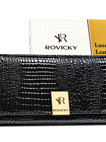 Lakierowany, czarny portfel damski ze skóry naturalnej z systemem RFID - Rovicky