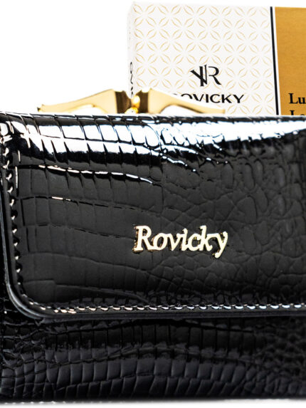 Mały, czarny portfel damski ze skóry naturalnej z systemem RFID - Rovicky