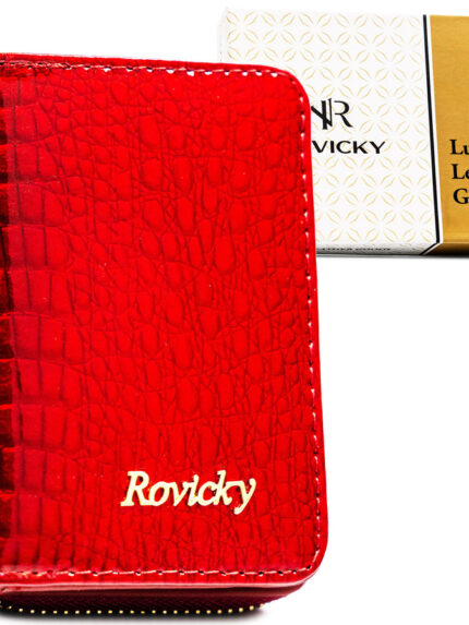 Lakierowany, skórzany portfel damski w czerwonym kolorze zamykany suwakiem - Rovicky
