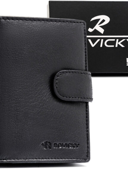 Czarny portfel męski ze skóry naturalnej mieszczący dowód rejestracyjny i wyposażony w system RFID - Rovicky