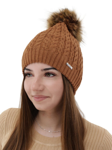 Czapka zimowa damska, camel, z wełną merino, z pomponem Satina