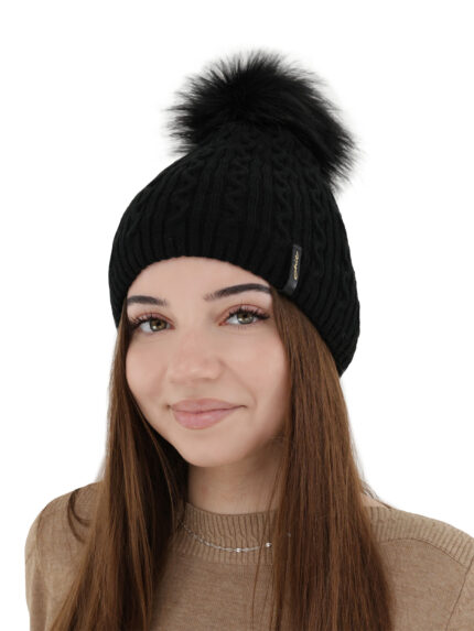 Czapka zimowa damska, czarna, z pomponem, Xena