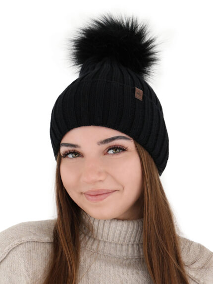 Czapka zimowa damska, czarna, z wełną merino Texa