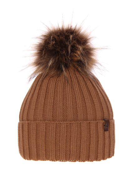 Czapka zimowa damska, camel, z wełną merino, podszyta polarem Texa