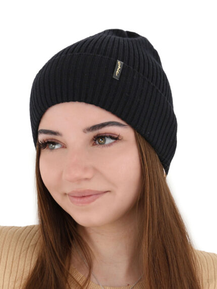 Czapka zimowa, jesienna, wiosenna damska, czarna, 100% wełniana merino, Megan